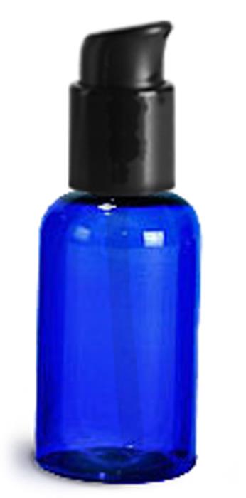 2 oz Blue PET Boston Round Bottles w/ Black Treatment Pumps