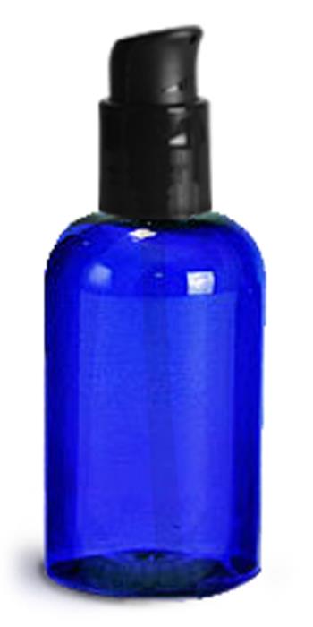 4 oz Blue PET Boston Round Bottles w/ Black Treatment Pumps