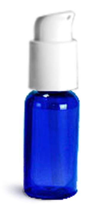 1 oz Blue PET Boston Round Bottles w/ White Treatment Pumps