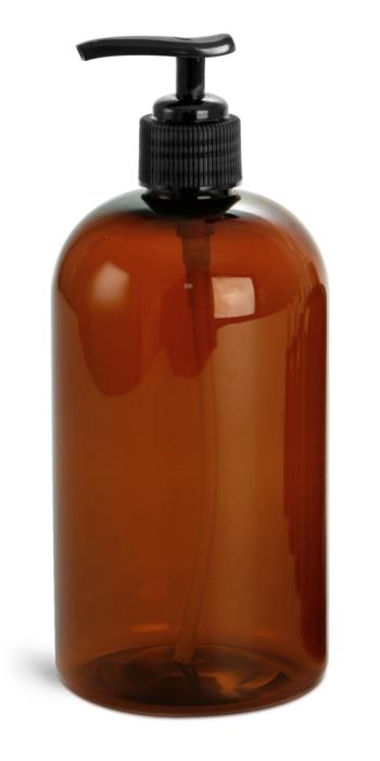 16 oz Amber PET Boston Rounds w/ Black Lotion Pumps