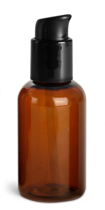 2 oz Amber PET Boston Round Bottles w/ Black Treatment Pumps