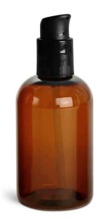 4 oz Amber PET Boston Round Bottles w/ Black Treatment Pumps