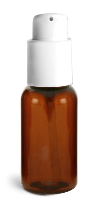 1 oz Amber PET Boston Round Bottles w/ White Treatment Pumps