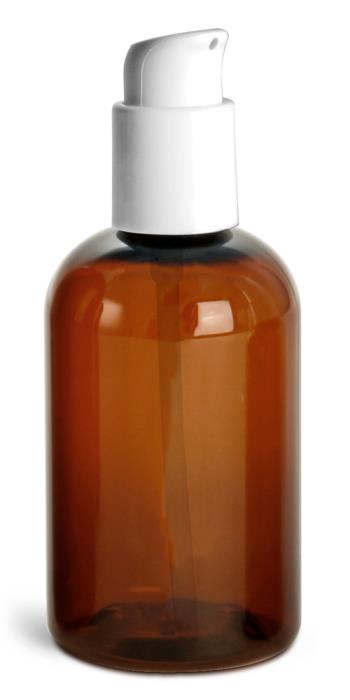 4 oz Amber PET Boston Round Bottles w/ White Treatment Pumps