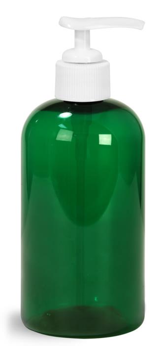 8 oz Green PET Boston Round Bottles w/ White Pumps & Treatment Pumps