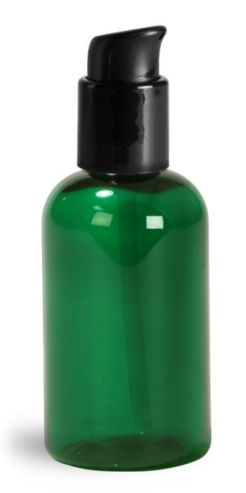 2 oz Green PET Boston Round Bottles w/ Black Treatment Pumps
