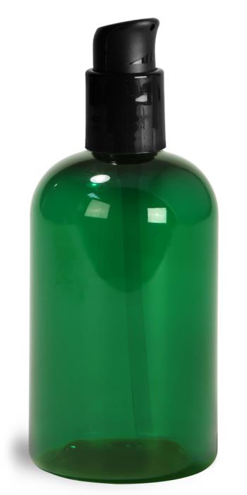 4 oz Green PET Boston Round Bottles w/ Black Treatment Pumps