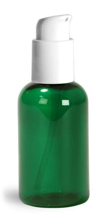 2 oz Green PET Boston Round Bottles w/ White Treatment Pumps