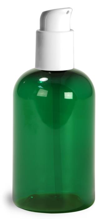 4 oz Green PET Boston Round Bottles w/ White Treatment Pumps