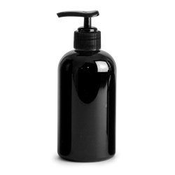 8 oz PET Plastic Bottles, Black Boston Round Bottles w/ Black Pumps