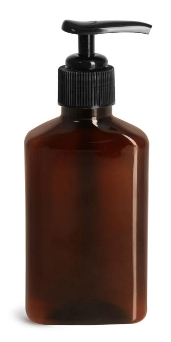 100 ml Plastic Bottles, 100 ml Amber PET Oblong Bottles w/ Black Lotion Pumps