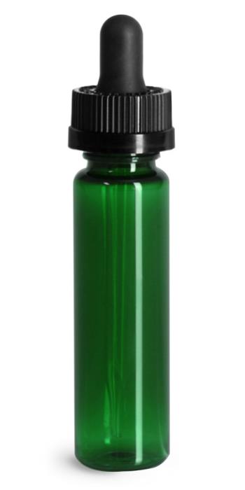 1 oz Plastic Bottles, Green PET Slim Line Cylinders w/ Black Child Resistant Glass Droppers