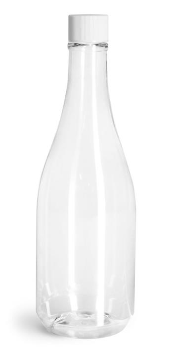 14.5 oz Clear PET Woozy Bottles w/ White Ribbed Lined Caps & Orifice Reducers