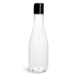 8 oz Clear PET Woozy Bottles w/ Black Disc Top Caps