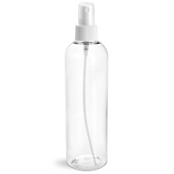 8 oz Clear PET Cosmo Round Bottles w/ White Fine Mist Sprayers