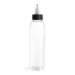6 oz Clear PET Cosmo Round Bottles w/ Black /Natural Twist Top Caps