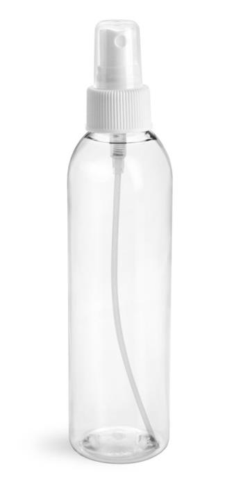6 oz Clear Pet Cosmo Round Bottles w/ White Fine Mist Sprayers