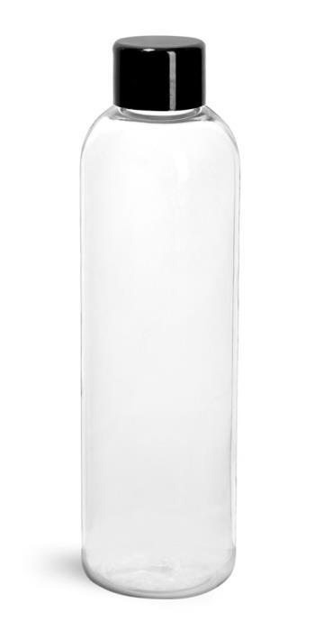 4 oz Plastic Bottles, Clear PET Cosmo Rounds w/ Black Smooth PS-22 Lined Caps
