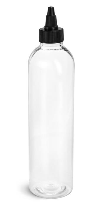 8 oz Plastic Bottles, Clear PET Cosmo Rounds w/ Black Induction Lined Twist Top Caps