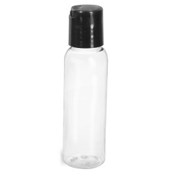 2 oz Clear PET Cosmo Round Bottles w/ Smooth Black Disc Top Caps