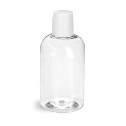 4 oz Clear PET Boston Round Bottles w/ Smooth White Disc Top Caps