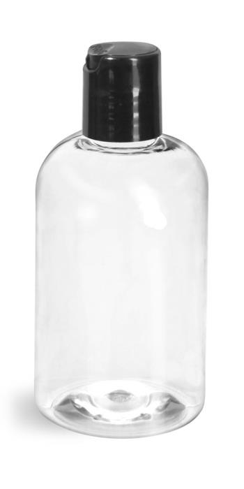 4 oz Clear PET Boston Round Bottles w/ Smooth Black Disc Top Caps