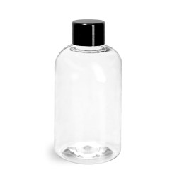 4 oz Plastic Bottles, Clear PET Boston Rounds w/ Black Smooth PS-22 Lined Caps