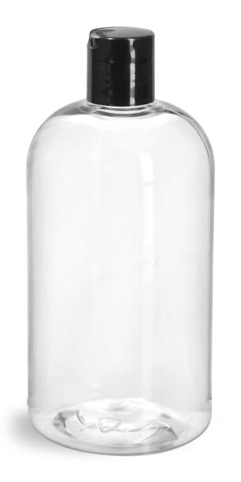 12 oz Clear PET Boston Rounds w/ Smooth Black Disc Top Caps