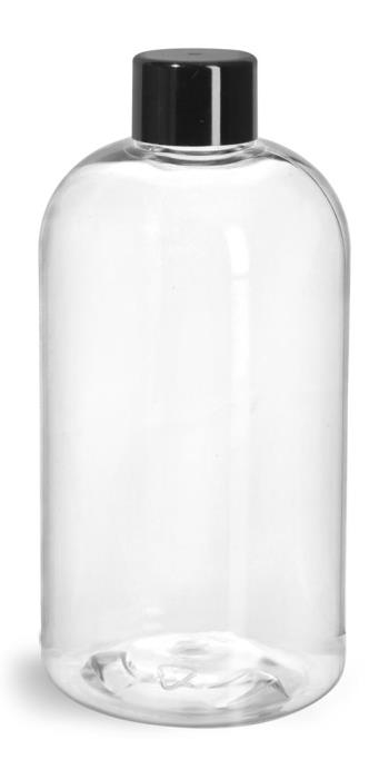 12 oz Clear PET Boston Rounds w/ Black Smooth PE Foam Lined Caps