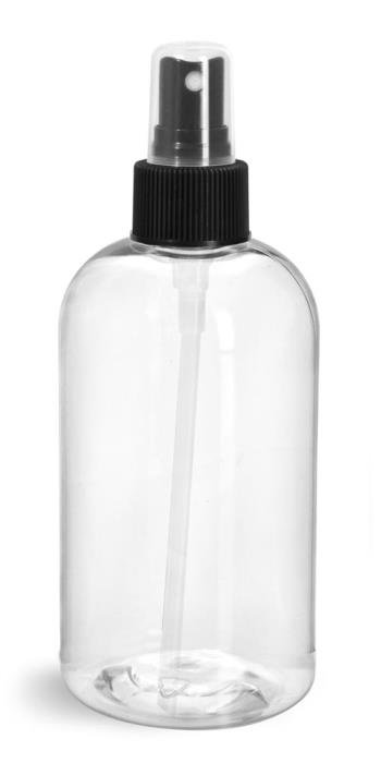 12 oz Clear PET Boston Rounds w/ Black Fine Mist Sprayers