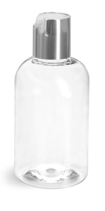 4 oz Clear PET Boston Round Bottles w/ Silver Disc Top Caps