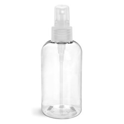 8 oz Clear PET Boston Round Bottles w/ Natural Fine Mist Sprayers