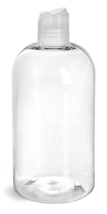 16 oz Clear PET Boston Round Bottles w/ Natural Disc Top Caps
