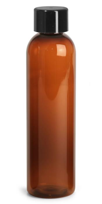 8 oz Plastic Bottles, Amber PET Cosmo Rounds w/ Smooth Black Plastic Lined Caps