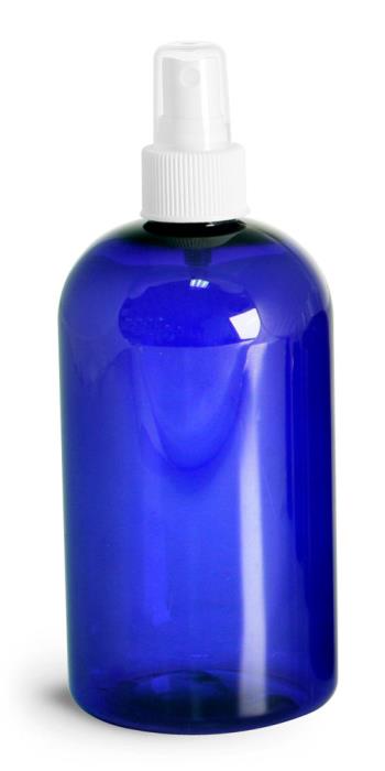 8 oz Blue PET Boston Round Bottles w/ White Fine Mist Sprayers