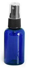 1 oz Blue PET Boston Round Bottles w/ Black Fine Mist Sprayers