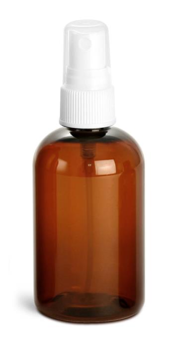 4 oz Amber PET Boston Rounds w/ White Fine Mist Sprayers
