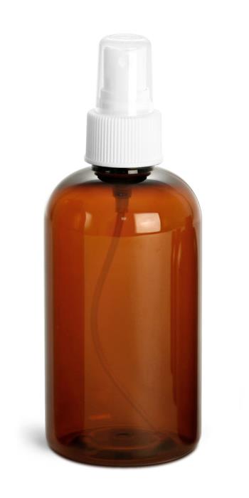 8 oz Amber PET Boston Rounds w/ White Fine Mist Sprayers