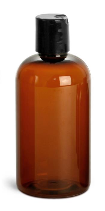 8 oz Amber PET Boston Rounds w/ Black Disc Top Caps