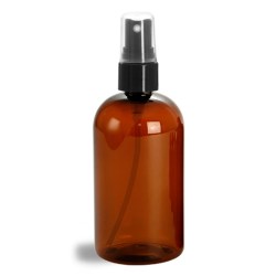8 oz Plastic Bottles, Amber PET Boston Rounds w/ Smooth Black Fine Mist Sprayers