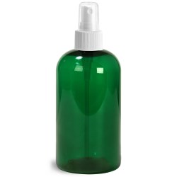 8 oz Green PET Boston Round Bottles w/ White Fine Mist Sprayers