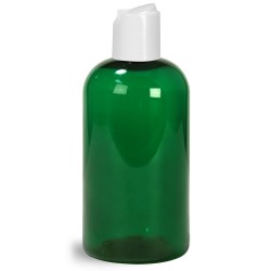 8 oz Green PET Boston Round Bottles w/ White Disc Top Caps