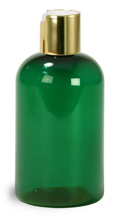 4 oz Green PET Boston Round Bottles w/ Gold Disc Top Caps