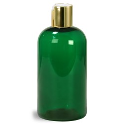 8 oz Green PET Boston Round Bottles w/ Gold Disc Top Caps