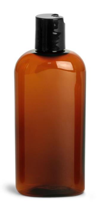 4 oz Amber PET Cosmo Oval w/ Black Disc Top Caps