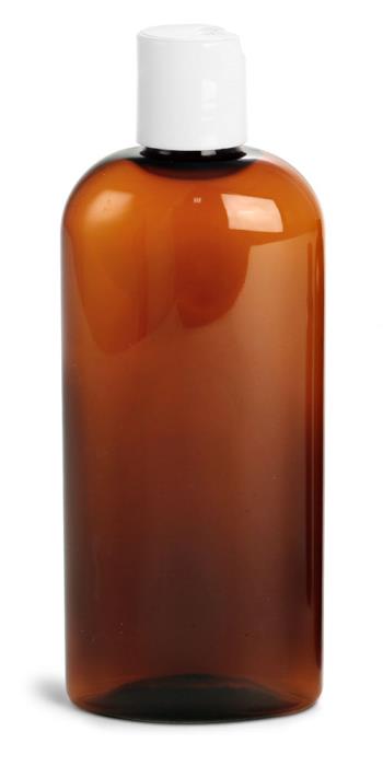8 oz Amber PET Cosmo Oval w/ White Disc Top Caps