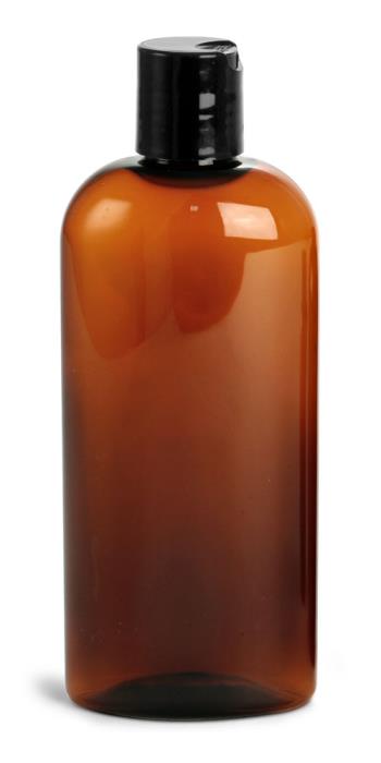 8 oz Amber PET Cosmo Oval w/ Black Disc Top Caps