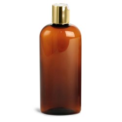 8 oz Amber PET Cosmo Oval w/ Gold Disc Top Caps