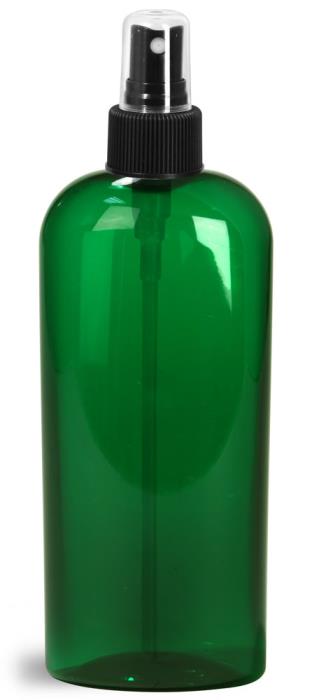 8 oz Green PET Cosmo Oval Bottles w/ Black Fine Mist Sprayers