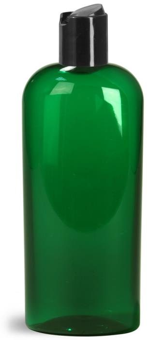 8 oz Green PET Cosmo Oval Bottles w/ Black Disc Top Caps